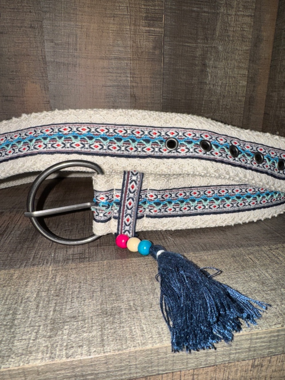 Boho Woven Tassel Belt in Cream and Blue size 17 - Picture 2 of 9